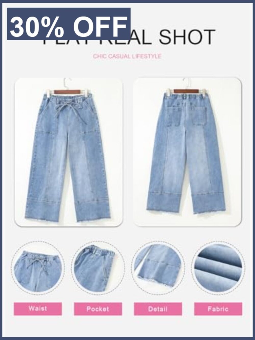 High Waisted Wide Leg Baggy Jeans with Drawstring and Raw Hem Stretchy Denim - Picture 5 of 7